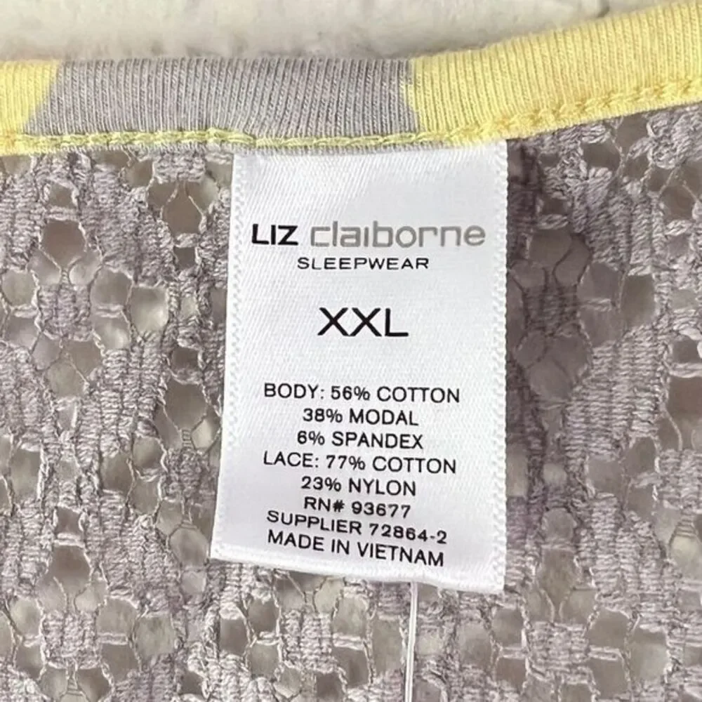 Liz Claiborne Women's Floral Lace Sleepwear Top Yellow Gray Comfortable Size XXL